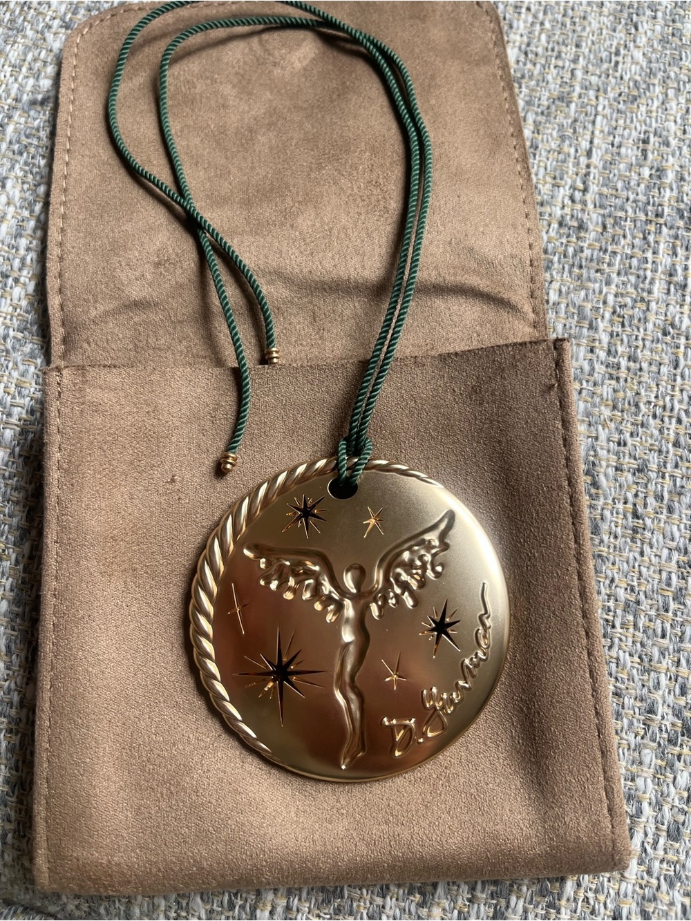 DAVID YURMAN Gold Medallion Pendant Necklace with Green Cord . Brown suede pouch